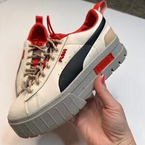 PUMA Mayze Retro Grade Vaporous Gray Black Burnt Red Stacked Sneakers